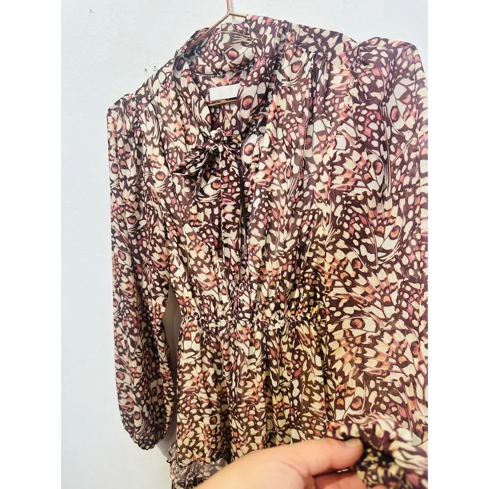 RACHEL PARCELL Animal Print Tie Neck Puff Sleeve Butterfly Mini Dress Size XS